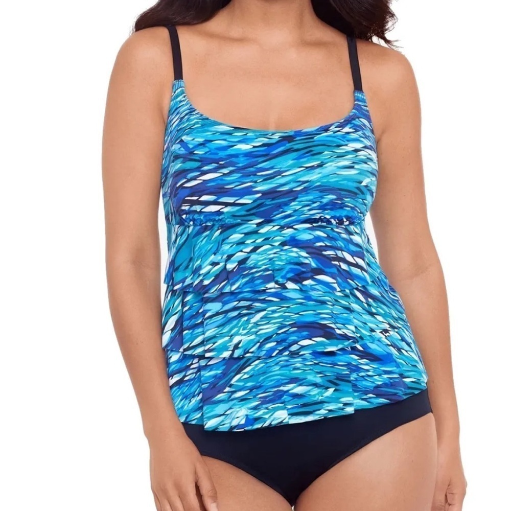 Msrp $119 Swim Solutions Womens Tankini Top Printed Tiered Swimwear Navy Size 12